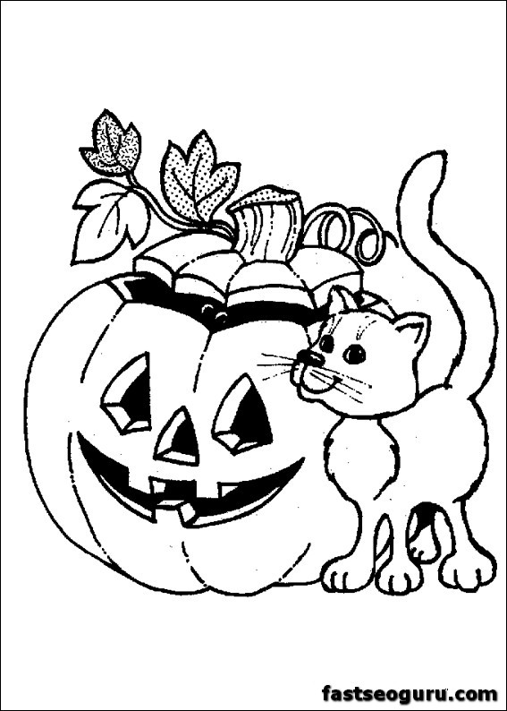 Halloween pumpkins and cat coloring page